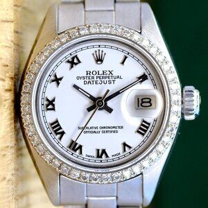 ROLEX DATEJUST WHITE ROMAN DIAL 1.15 CTW DIAMONDS STEEL OYSTER WATCH 26 MM 69174